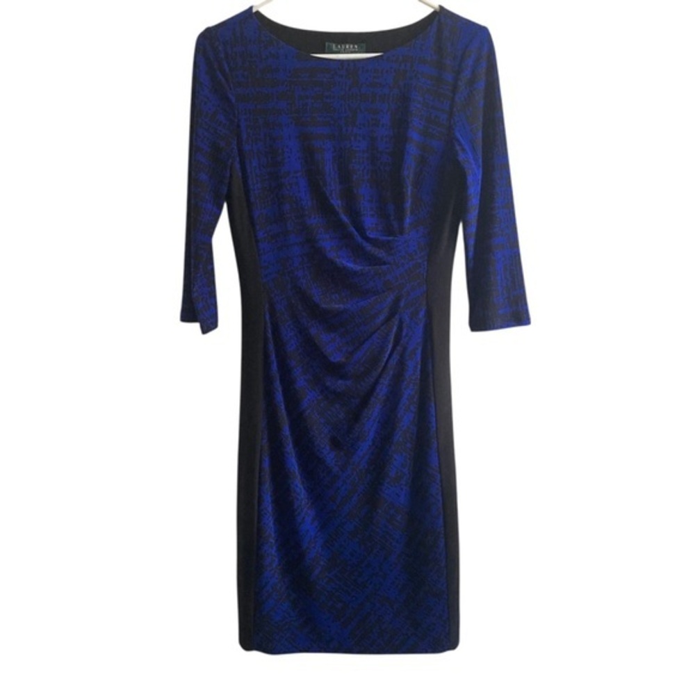 Lauren Ralph Lauren Blue Ruched Sheath Dress 3/4 Sleeve Size 4 Cocktail Career